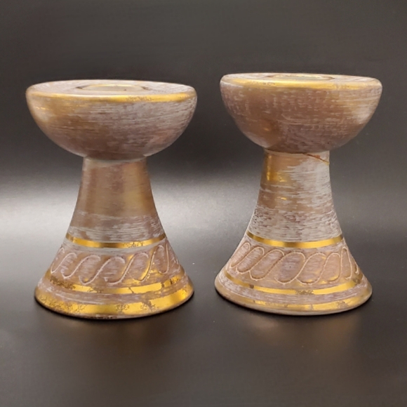 1950's Stangl Antique Gold Light Blue / Aqua Pair 4" Candlesticks 1 Repair 4064 - Picture 4 of 11